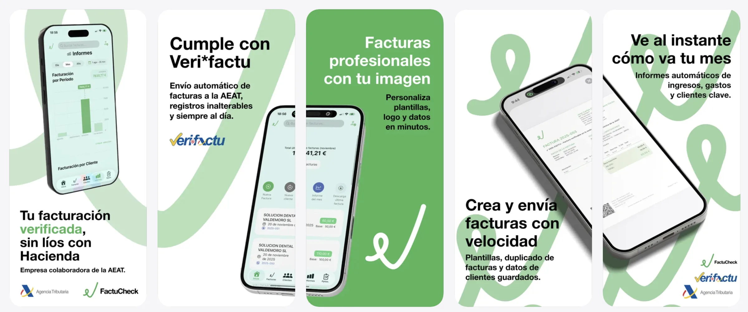 Capturas de la app FactuCheck para iPhone: facturación verificada sin líos con Hacienda, cumplimiento VeriFactu con envío automático a la AEAT, facturas profesionales con tu imagen, creación y envío de facturas con velocidad e informes al instante